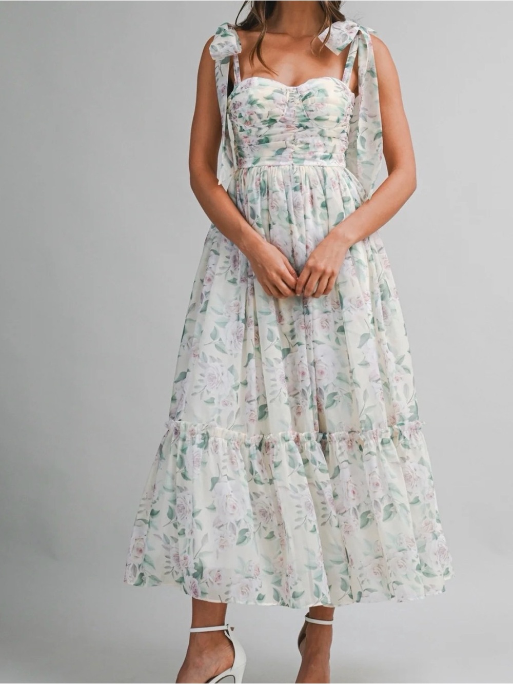 Tie-Shoulder Floral Midi Dress in Pastel Green